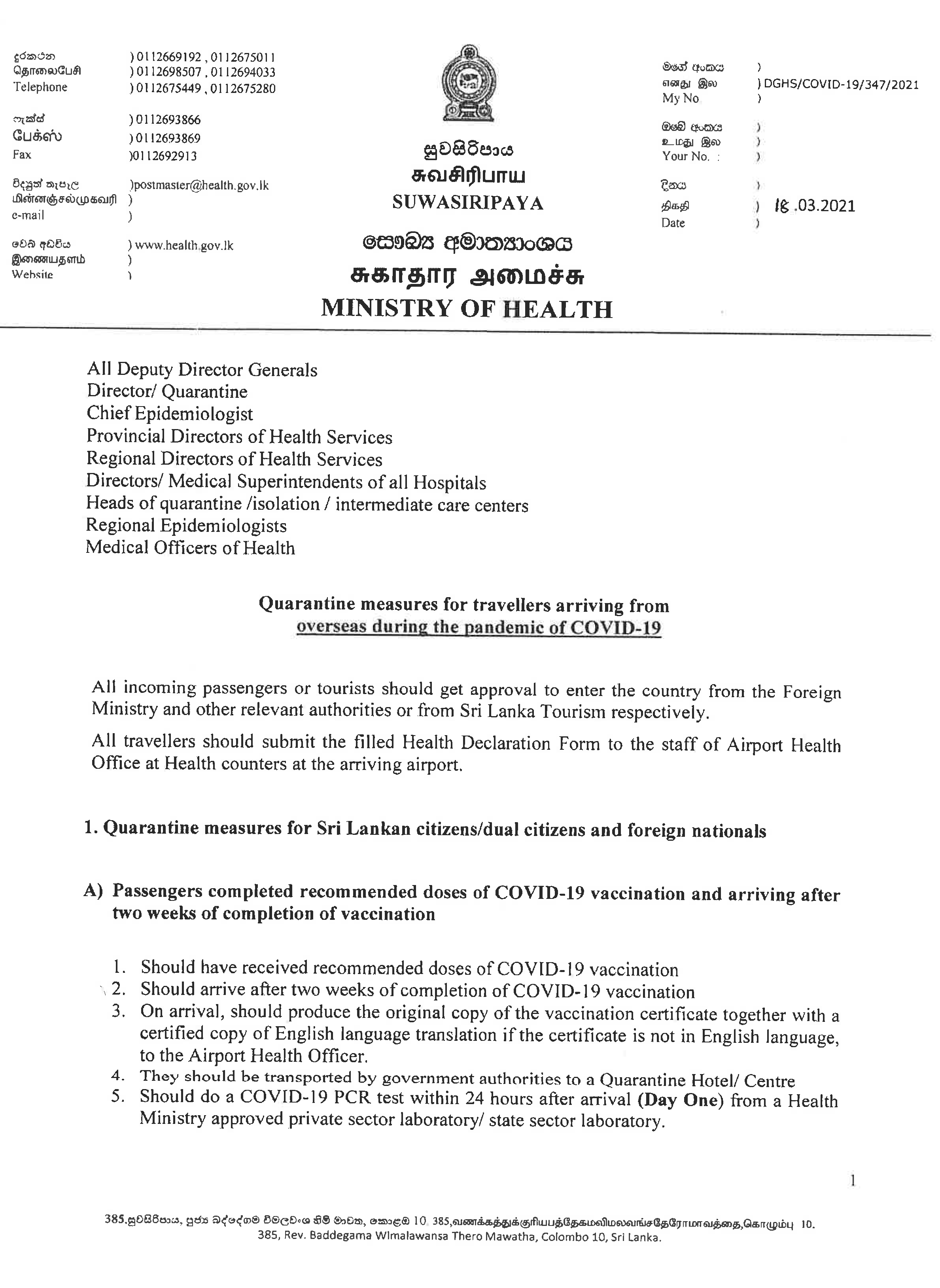 QUARANTINE MEASURES FOR TRAVELERS ARRIVING FROM OVERSEAS DURING THE PANDEMIC OF COVID 19
